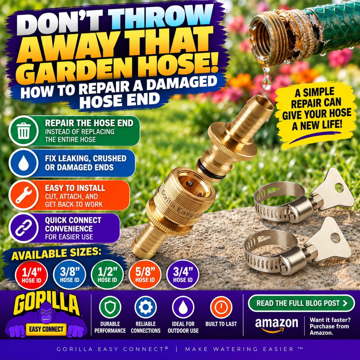 Gorilla Easy Connect garden hose repair kit for repairing a leaking, crushed, or damaged hose end instead of replacing the entire garden hose.