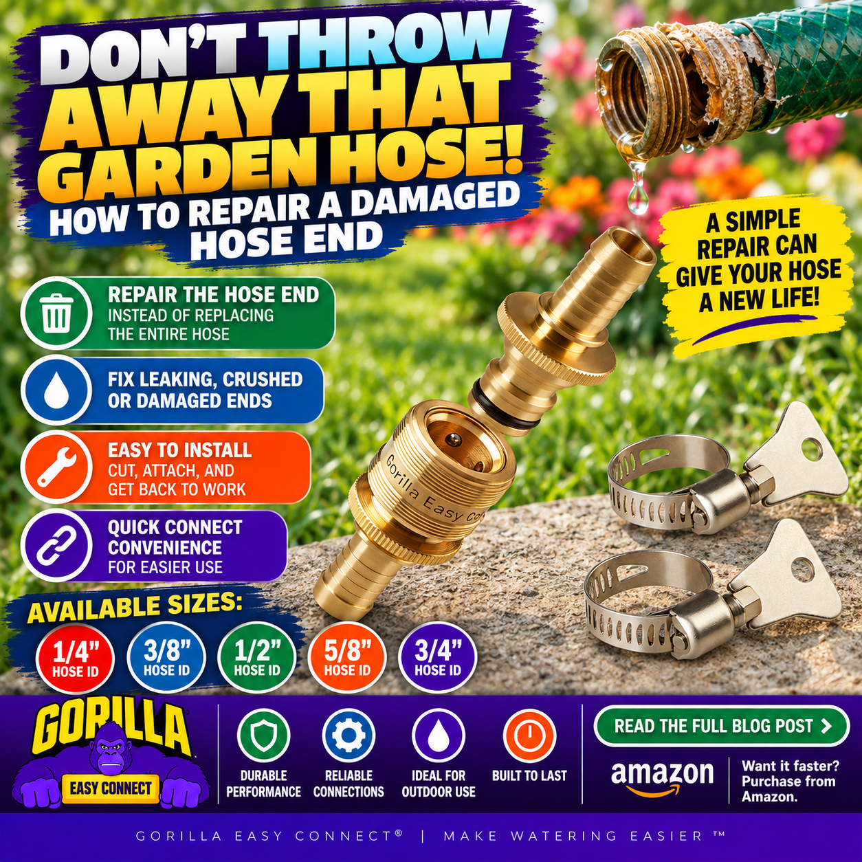 Gorilla Easy Connect garden hose repair kit for repairing a leaking, crushed, or damaged hose end instead of replacing the entire garden hose.