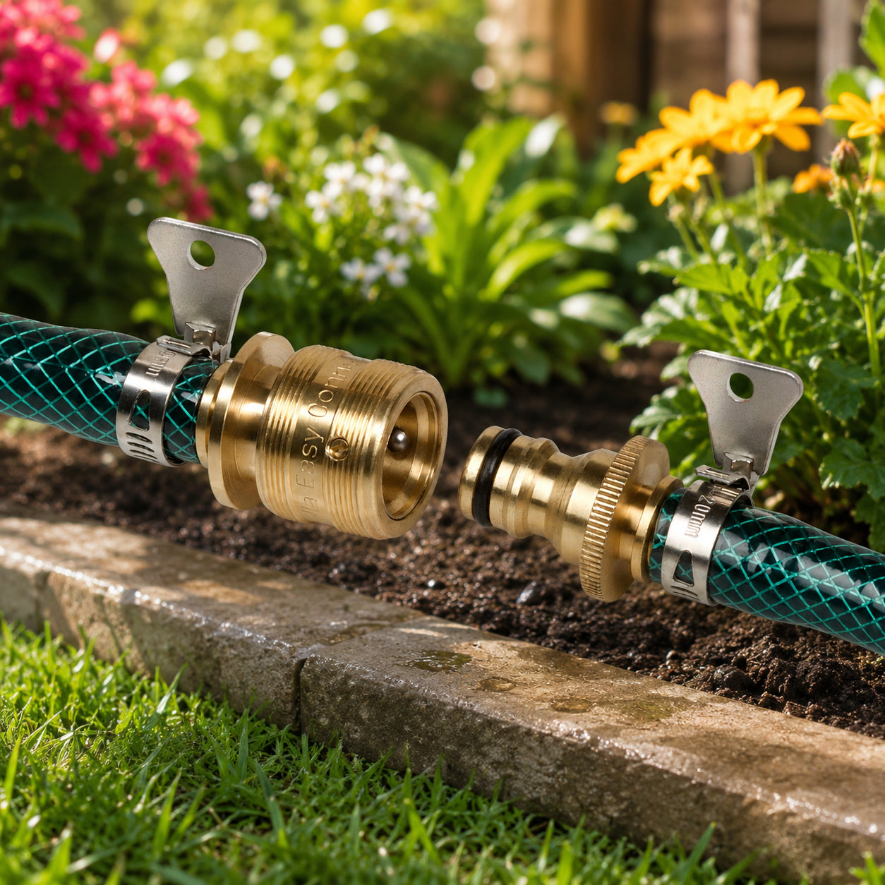 Gorilla Easy Connect® hose repair kit installed on a damaged garden hose, providing a leak-resistant repair solution for 1/4 inch, 3/8 inch, 1/2 inch, 5/8 inch, and 3/4 inch hoses.