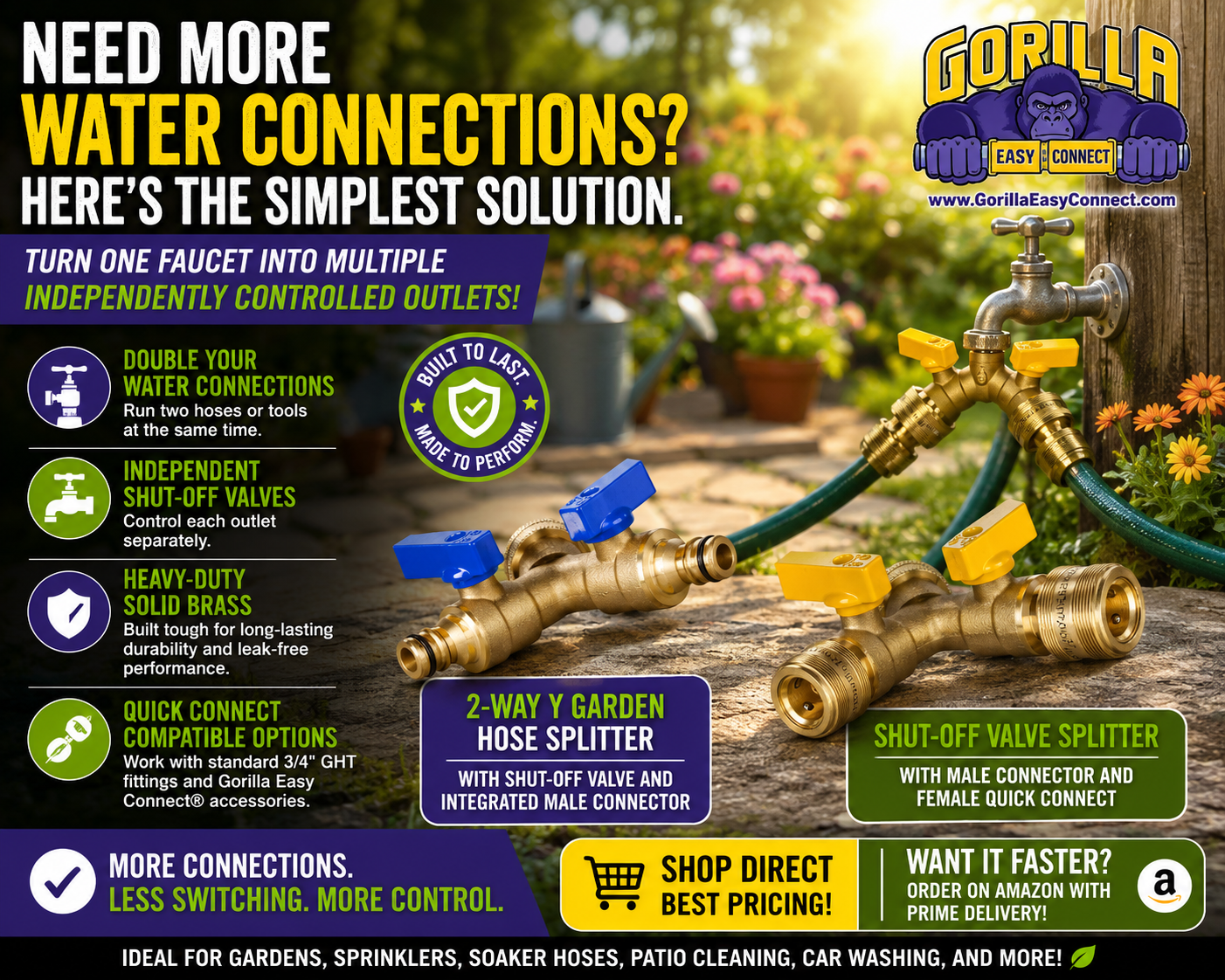 Gorilla Easy Connect® solid brass 2-way hose splitters with shut-off valves displayed in a garden setting for connecting multiple garden hoses from one outdoor faucet.