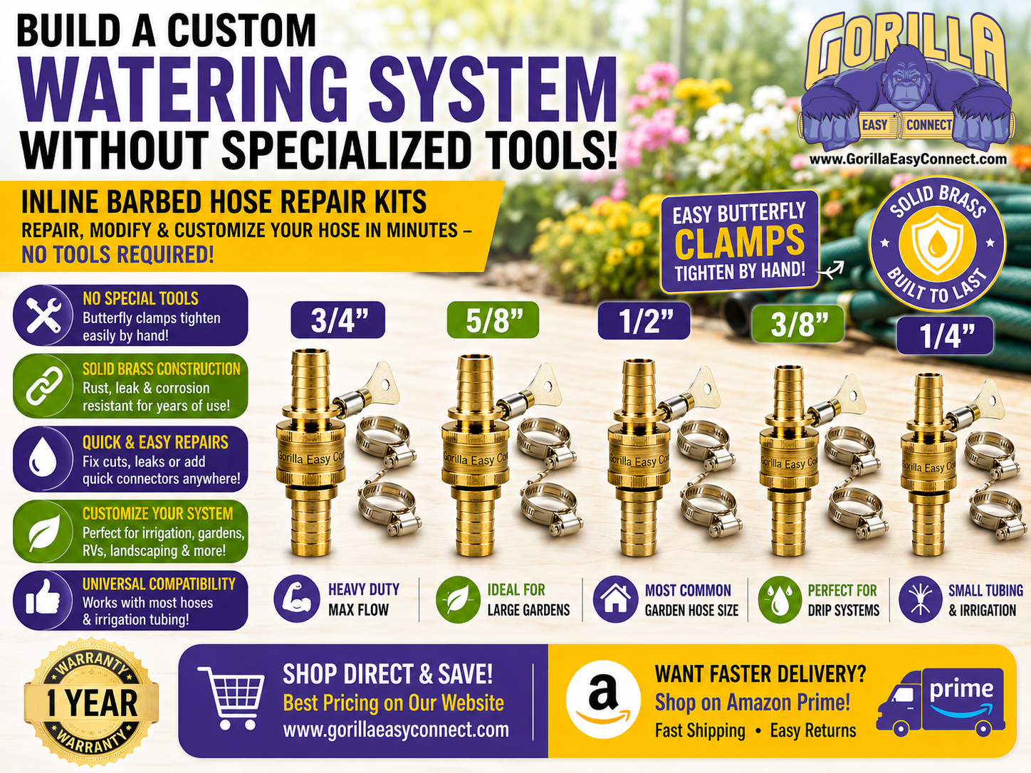 Gorilla Easy Connect® solid brass inline barbed hose repair kits for 1/4