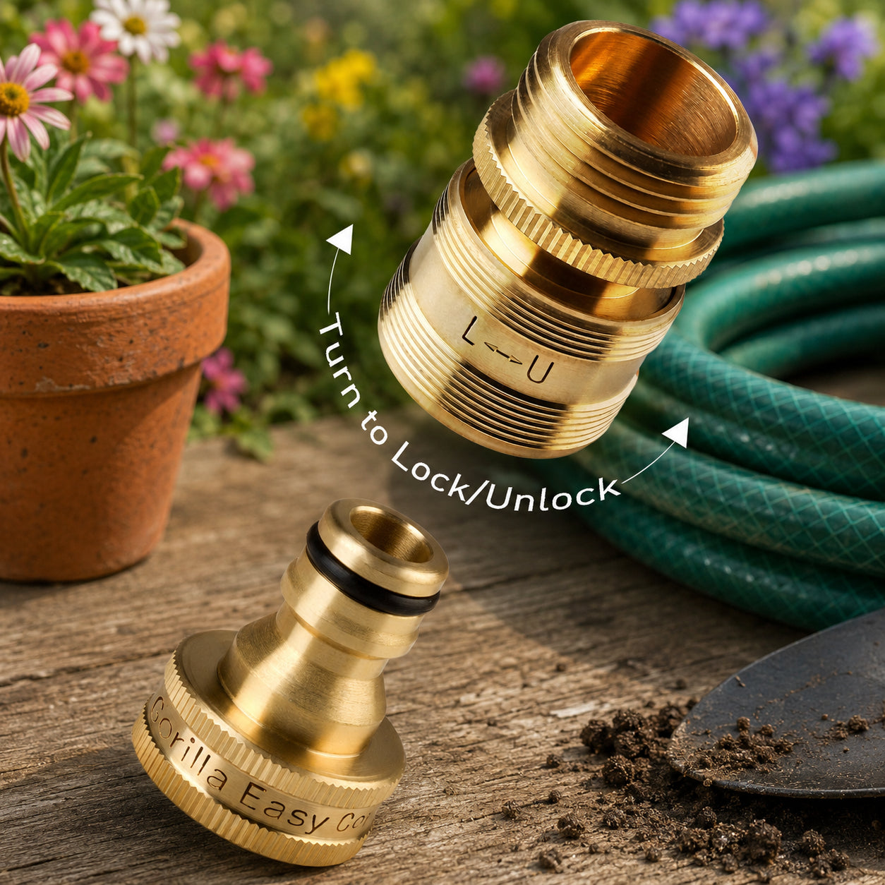 Gorilla Easy Connect® SecureLock™ solid brass garden hose quick connector showing the twist-lock locking mechanism for a secure, leak-free hose connection in an outdoor gardening setup.