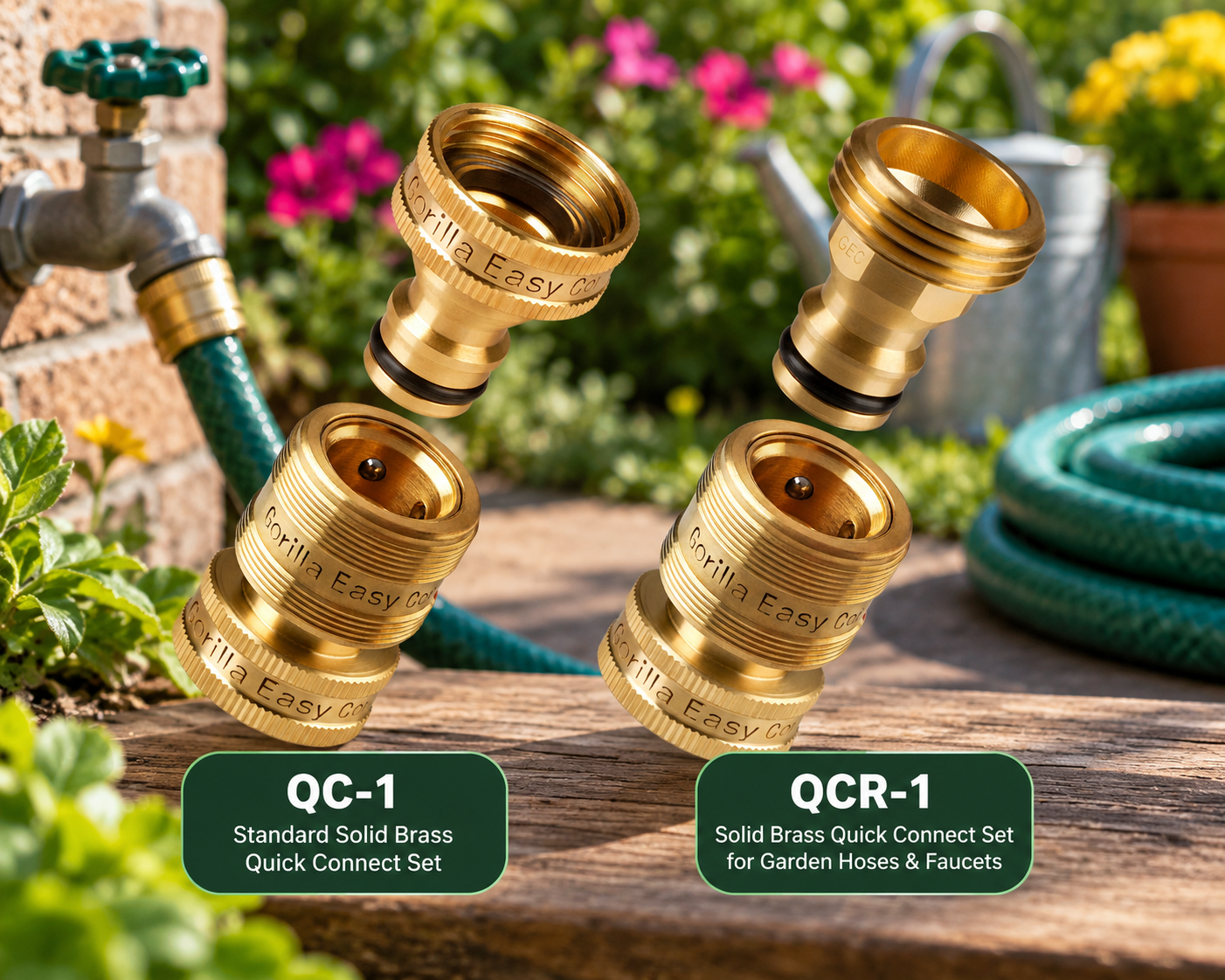 Gorilla Easy Connect QC-1 and QCR-1 solid brass 3/4-inch GHT garden hose quick connectors in an outdoor garden setting.