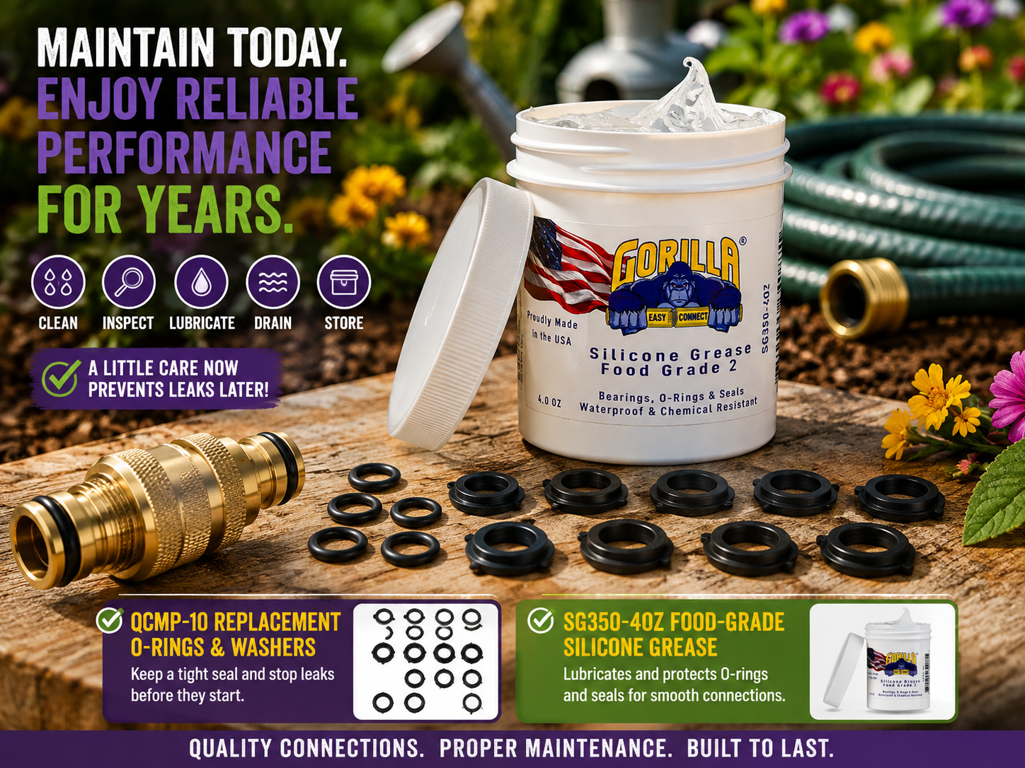 Gorilla Easy Connect replacement O-rings and washers with food-grade silicone grease for garden hose maintenance and longer-lasting fittings.