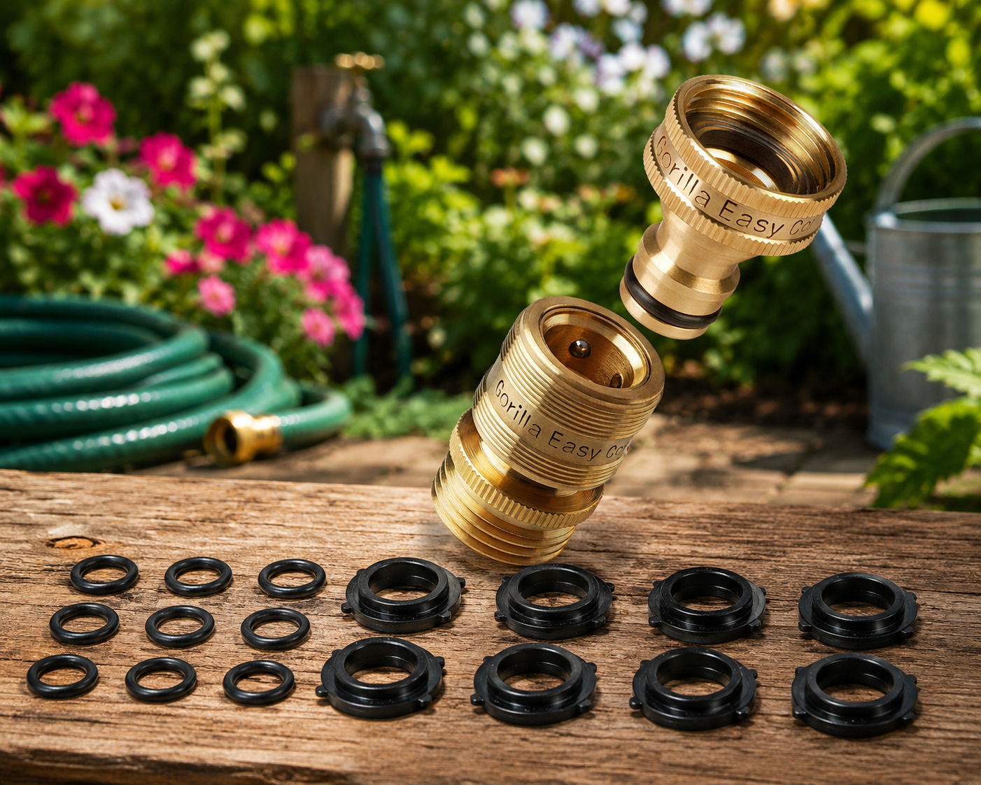 Gorilla Easy Connect QC-1 solid brass quick connectors with replacement O-rings and washers for fixing garden hose leaks at the faucet.