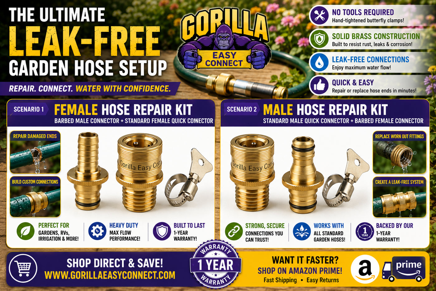 Gorilla Easy Connect complete garden hose repair system featuring solid brass quick connectors, hose repair kits, leak-free hose fittings, butterfly clamps, and quick connect garden hose accessories.