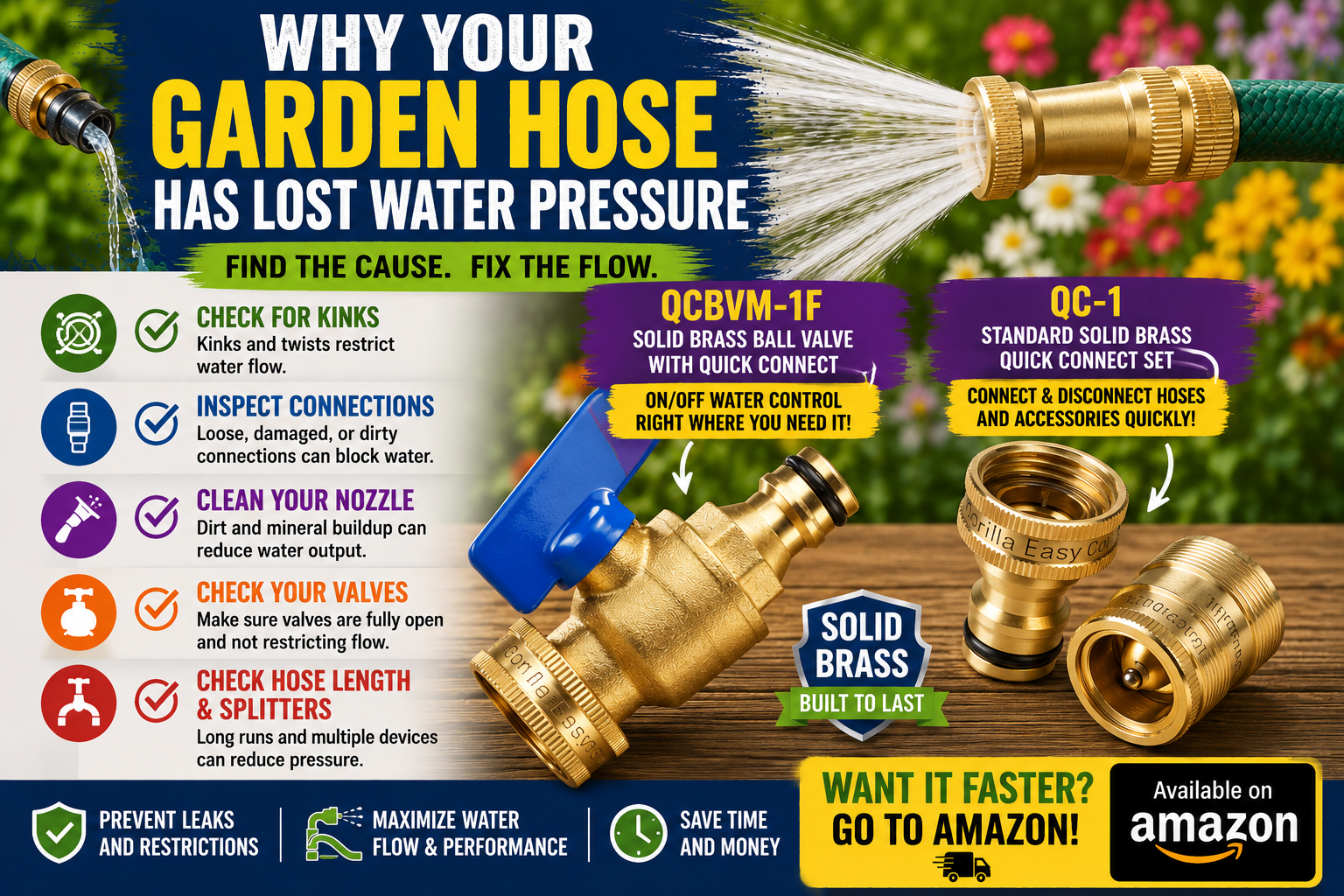 Gorilla Easy Connect QC-1 solid brass quick connector and QCBVM-1F ball valve showing solutions for low garden hose water pressure.