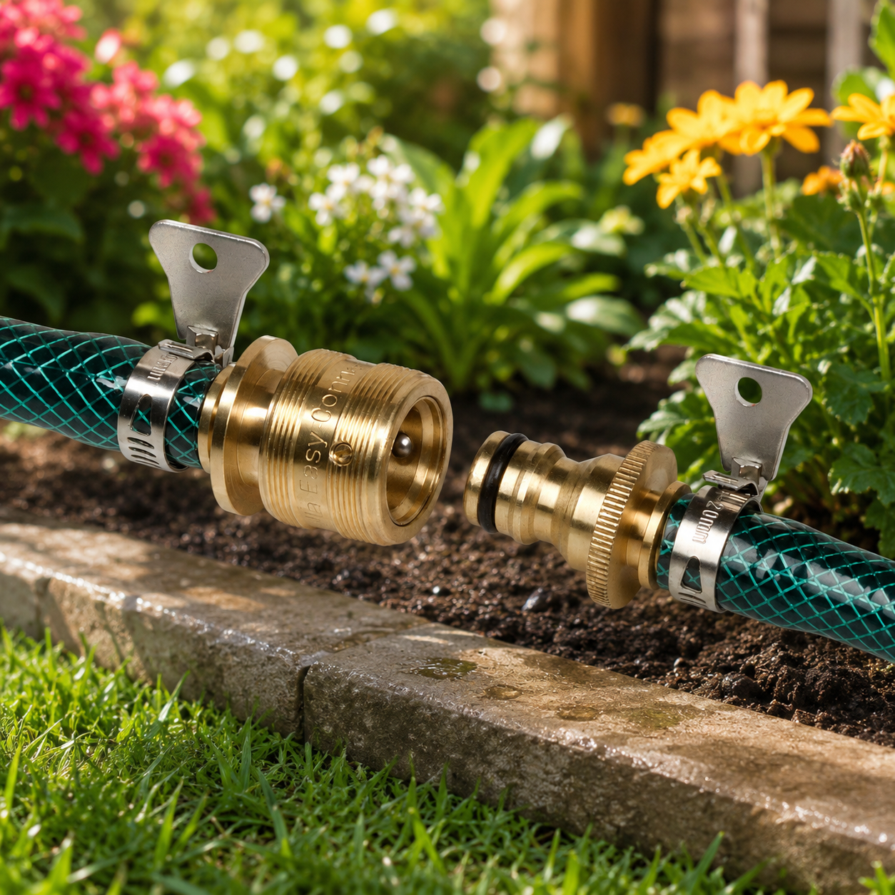 Gorilla Easy Connect® hose repair kit installed on a damaged garden hose, providing a leak-resistant repair solution for 1/4 inch, 3/8 inch, 1/2 inch, 5/8 inch, and 3/4 inch hoses.