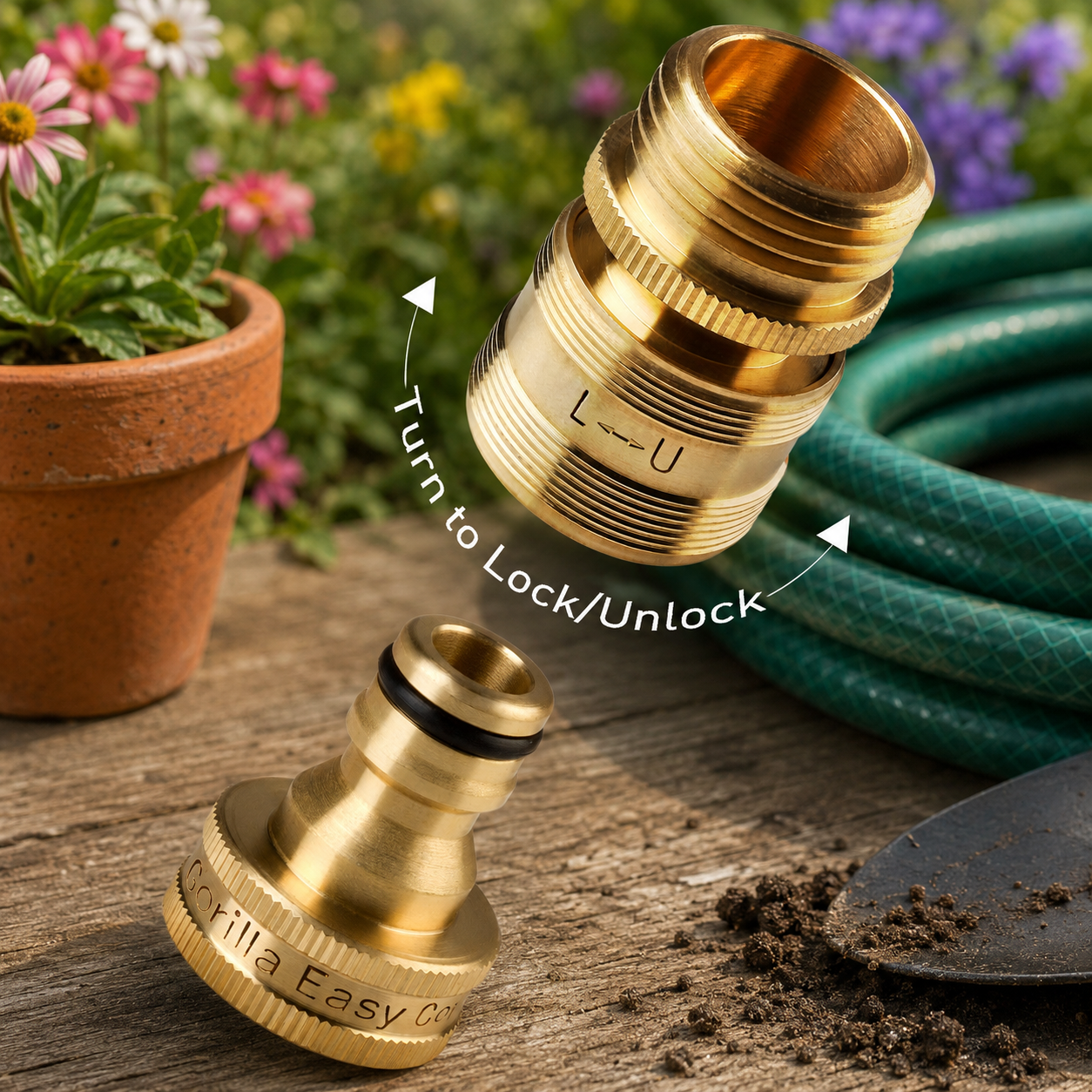 Gorilla Easy Connect® SecureLock™ solid brass garden hose quick connector showing the twist-lock locking mechanism for a secure, leak-free hose connection in an outdoor gardening setup.