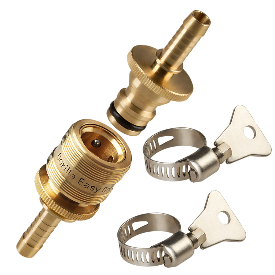 Gorilla Easy Connect Inline 1/4 inch male barb connector with female barbed quick connector, inline garden hose repair kit solid brass leak proof corrosion resistant gardening 3/4 GHT Garden Hose Thread Window Washing