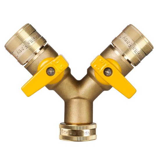 GORILLA EASY CONNECT 2-WAY SPLITTER  FEMALE BALL VALVE SHUT OFF VALVE WITH MALE END  CONNECT FOR GARDEN HOSE 3/4" GHT GARDEN HOSE SPIGOTS THREAD LEAK PROOF GARDENING SOLID BRASS RV BOAT