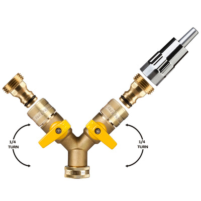 Gorilla Easy Connect 2-Way Brass Garden Hose Splitter Kit with Shut-Off Valves, QMM-2 Quick Connectors and Automatic Dog Watering Faucet for 3/4-Inch GHT Spigots.