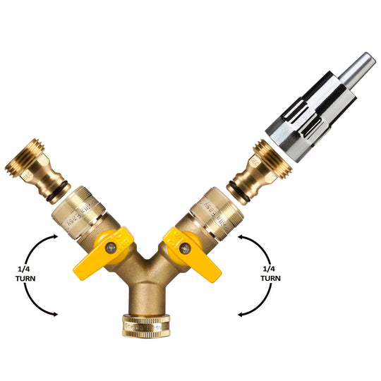 Gorilla Easy Connect 2-Way Brass Garden Hose Splitter Kit with Shut-Off Valves, QMM-2 Quick Connectors and Automatic Dog Watering Faucet for 3/4-Inch GHT Spigots.