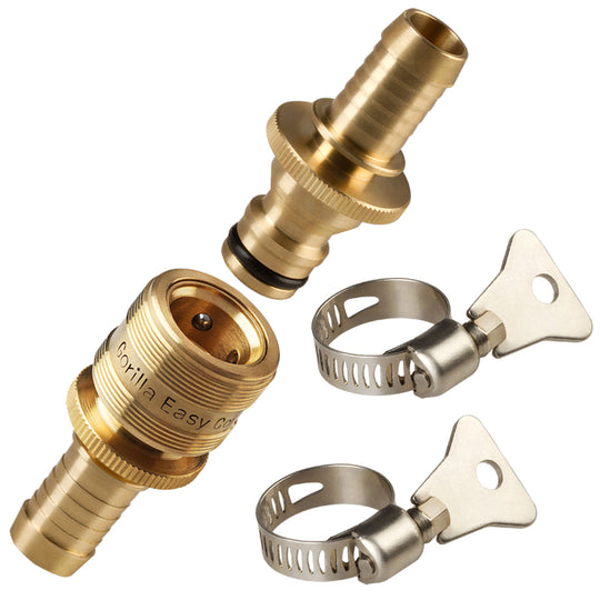 Gorilla Easy Connect Inline 3/4 inch male barb connector with female barbed quick connector, inline garden hose repair kit solid brass leak proof corrosion resistant gardening 3/4 GHT Garden Hose Thread Window Washing