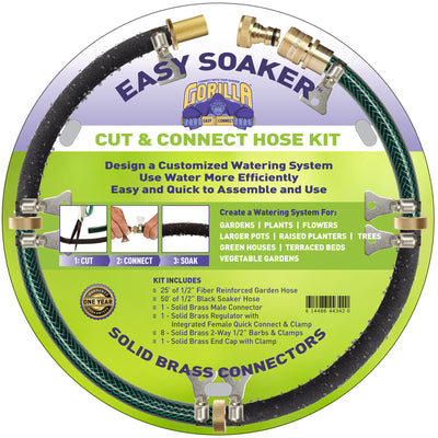 GORILLA EASY CONNECT GARDEN SOAKER HOSE KIT WITH SOLID BRASS CONNECTORS AND QUICK CONNECT REGULATOR EASY TO USE AND SET UP GARDENING ACCESSORIES