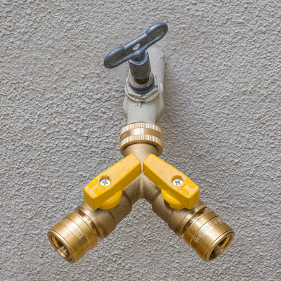 GORILLA EASY CONNECT 2-WAY SPLITTER  FEMALE BALL VALVE SHUT OFF VALVE WITH MALE END  CONNECT FOR GARDEN HOSE 3/4" GHT GARDEN HOSE SPIGOTS THREAD LEAK PROOF GARDENING SOLID BRASS RV BOAT