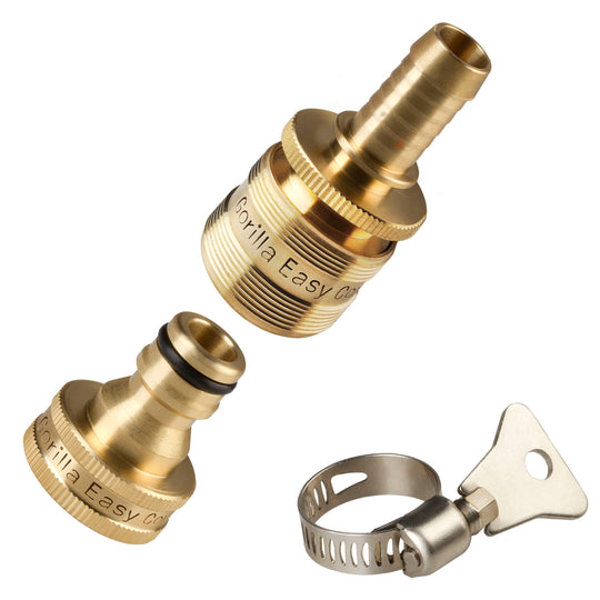 Gorilla Easy Connect 1/2 inch female barb connector with male quick connector, inline garden hose repair kit solid brass leak proof corrosion resistant gardening 3/4 GHT Garden Hose Thread 