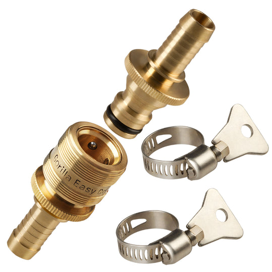 Gorilla Easy Connect Inline 3/4 inch male barb connector with female barbed quick connector, inline garden hose repair kit solid brass leak proof corrosion resistant gardening 3/4 GHT Garden Hose Thread Window Washing