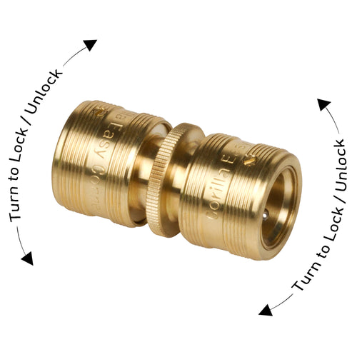 "Connect and repair garden hoses with the GORILLA EASY CONNECT Double-Sided Female Quick Connect with SecureLock™. Made from durable solid brass, it’s leak-proof, handles up to 200 PSI, and offers easy one-handed operation. Ideal for gardening and watering systems."