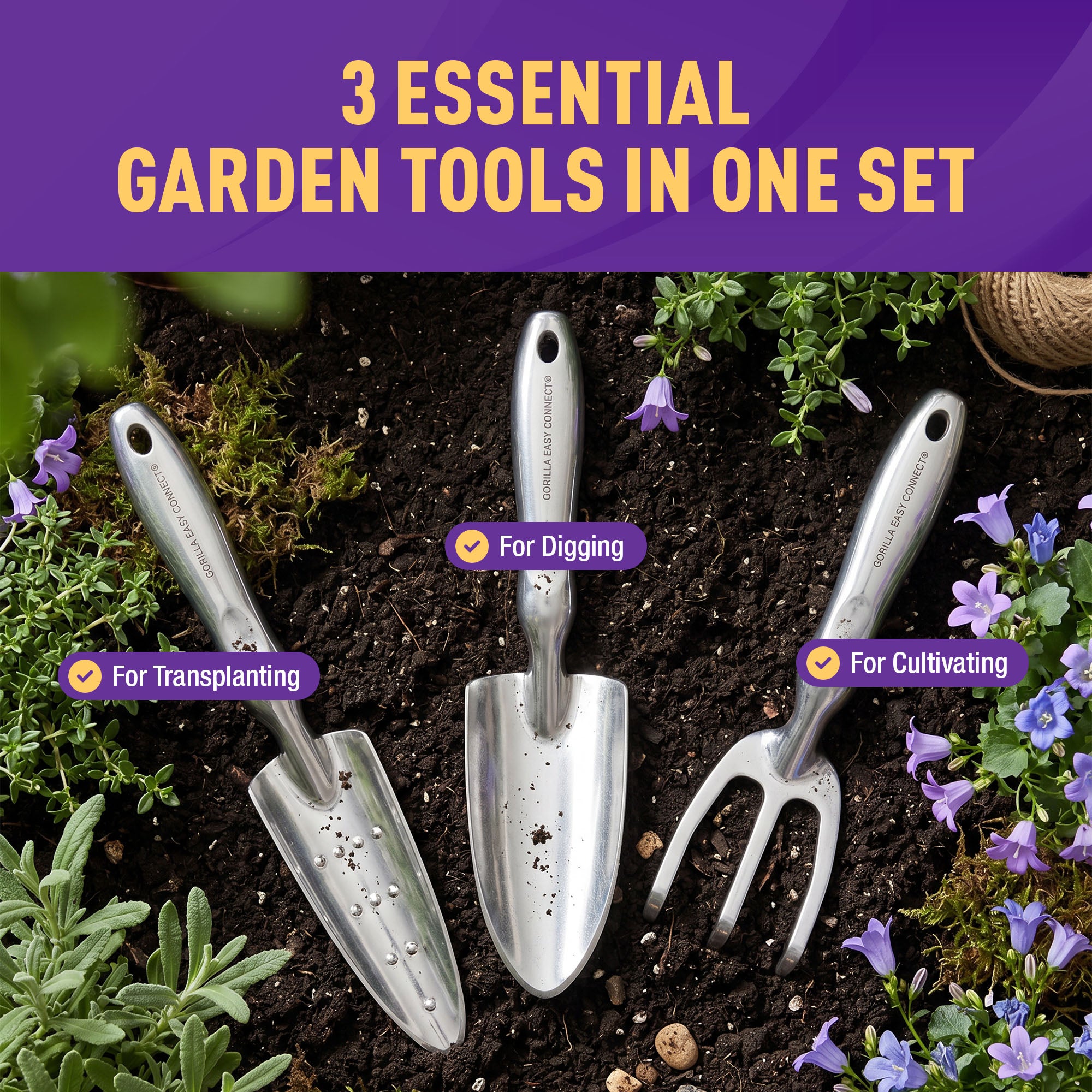 GORILLA EASY CONNECT 3 PIECE SOLID CAST ALUMINUM GARDENING TOOL SET CORROSIVE RESISTANT DIGGING TRANSPLANTING CULTIVATING