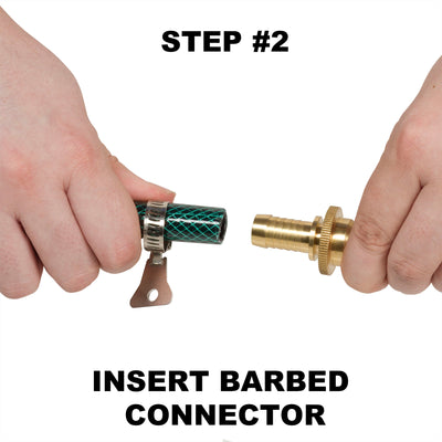 Gorilla Easy Connect 1/2 inch male barb connector with female quick connector, inline garden hose repair kit solid brass leak proof corrosion resistant gardening 3/4 GHT Garden Hose Thread
