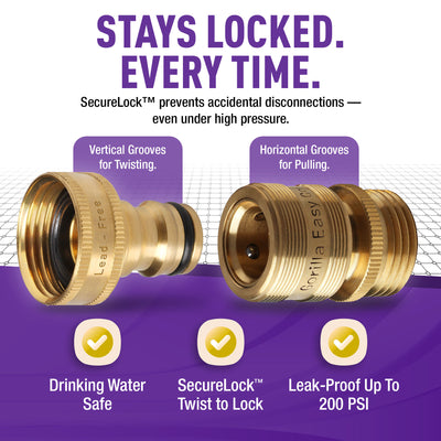 GORILLA EASY CONNECT LEAD FREE QUICK CONNECT CONNECTORS FOR GARDEN HOSE 3/4" GHT GARDEN HOSE THREAD LEAK PROOF