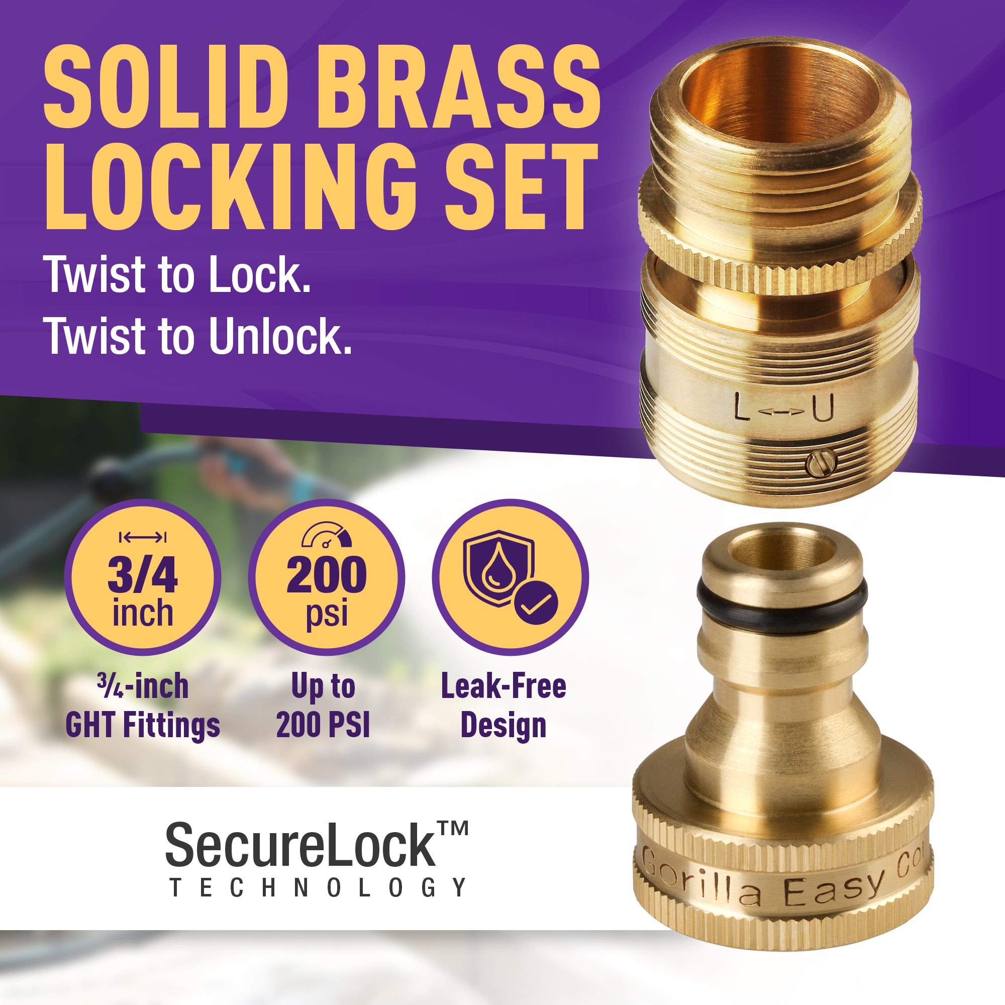 Gorilla Easy Connect Locking Garden Hose Quick Connector SECURE LOCK 3/4 IN GH LEAK PROOF SOLID BRASS