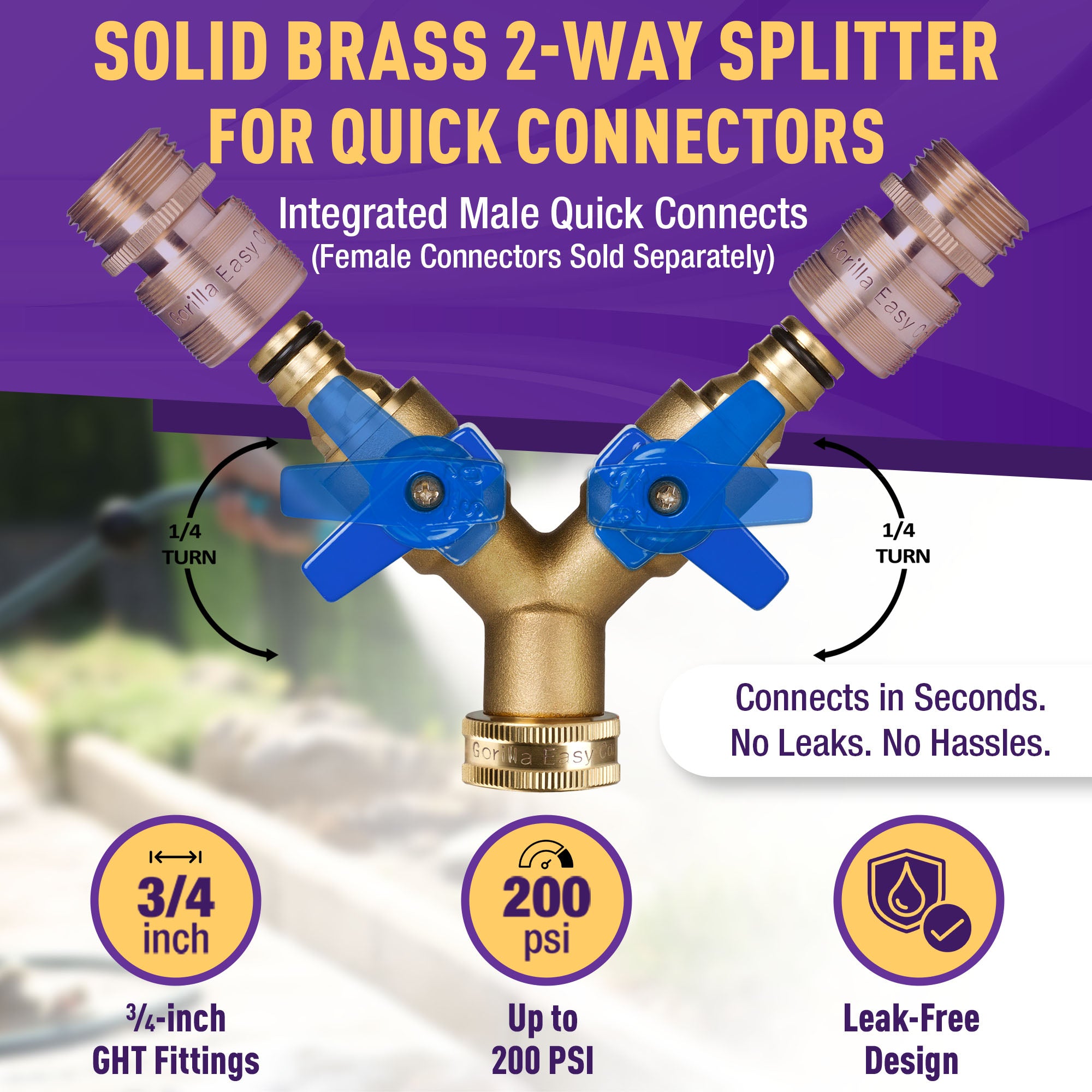 GORILLA EASY CONNECT 2-WAY SPLITTER  MALE BALL VALVE SHUT OFF VALVE WITH MALE END  CONNECT FOR GARDEN HOSE 3/4" GHT GARDEN HOSE SPIGOTS THREAD LEAK PROOF GARDENING SOLID BRASS RV BOAT