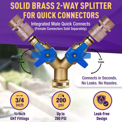 GORILLA EASY CONNECT 2-WAY SPLITTER  MALE BALL VALVE SHUT OFF VALVE WITH MALE END  CONNECT FOR GARDEN HOSE 3/4" GHT GARDEN HOSE SPIGOTS THREAD LEAK PROOF GARDENING SOLID BRASS RV BOAT