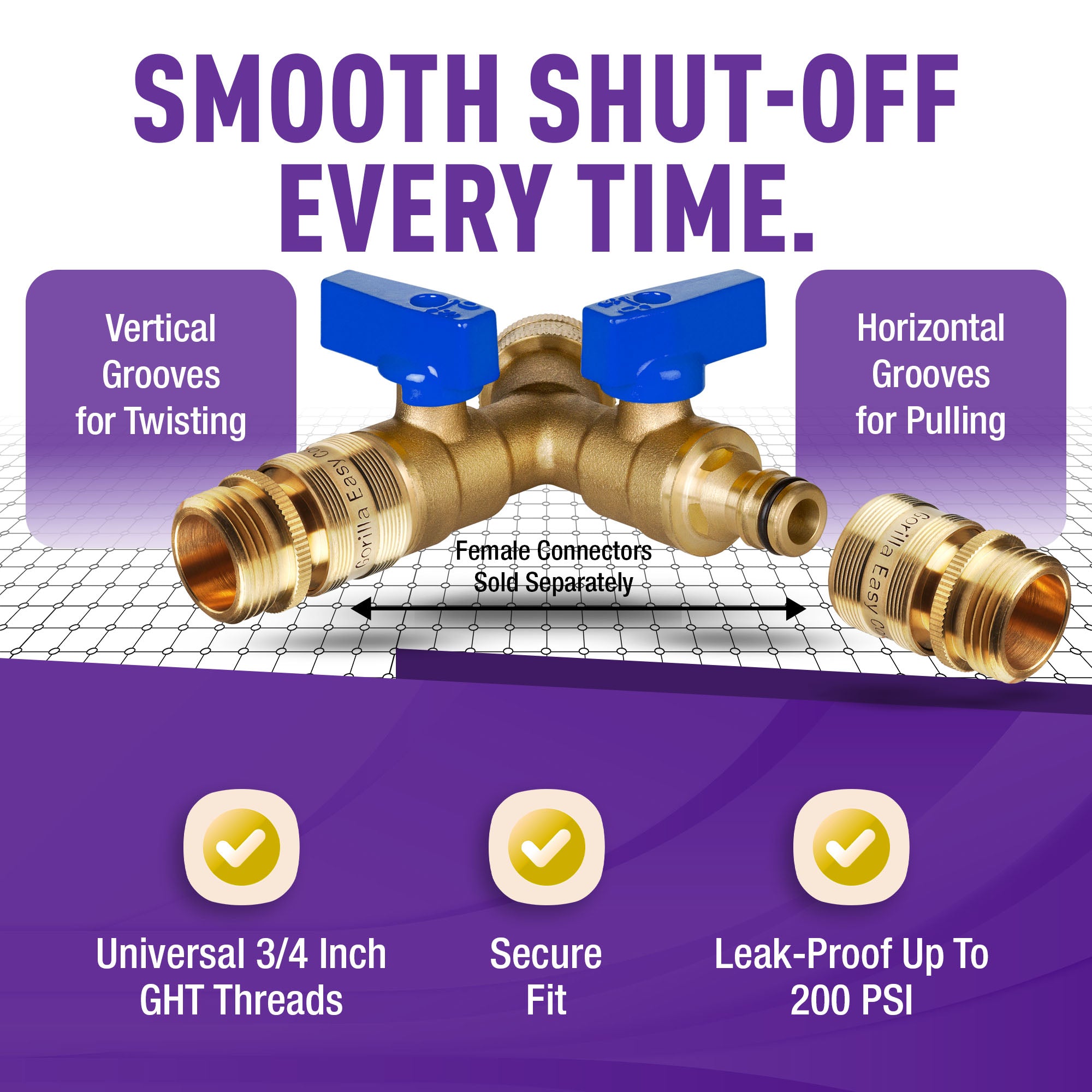 GORILLA EASY CONNECT 2-WAY SPLITTER  MALE BALL VALVE SHUT OFF VALVE WITH MALE END  CONNECT FOR GARDEN HOSE 3/4" GHT GARDEN HOSE SPIGOTS THREAD LEAK PROOF GARDENING SOLID BRASS RV BOAT