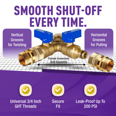 GORILLA EASY CONNECT 2-WAY SPLITTER  MALE BALL VALVE SHUT OFF VALVE WITH MALE END  CONNECT FOR GARDEN HOSE 3/4" GHT GARDEN HOSE SPIGOTS THREAD LEAK PROOF GARDENING SOLID BRASS RV BOAT