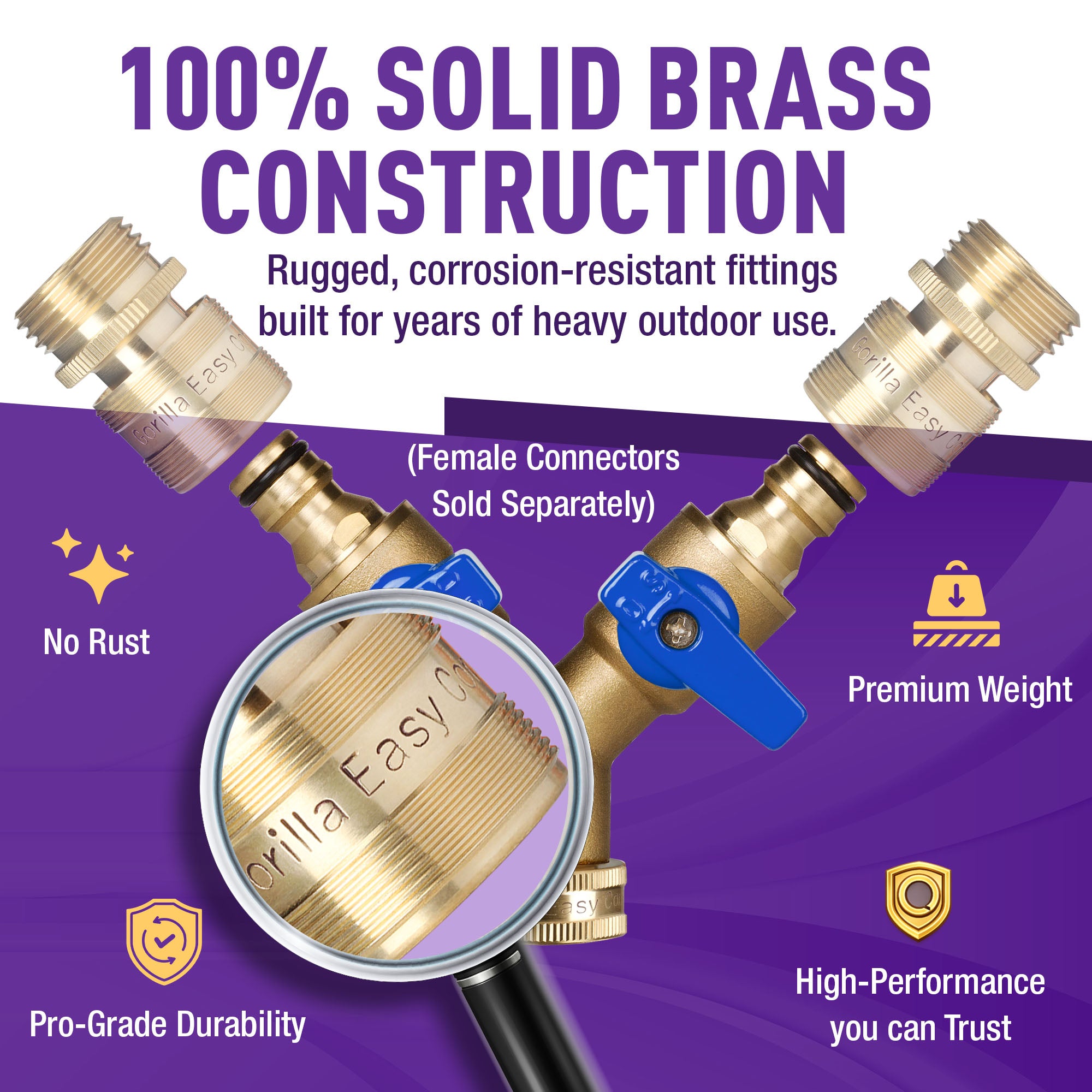 GORILLA EASY CONNECT 2-WAY SPLITTER  MALE BALL VALVE SHUT OFF VALVE WITH MALE END  CONNECT FOR GARDEN HOSE 3/4" GHT GARDEN HOSE SPIGOTS THREAD LEAK PROOF GARDENING SOLID BRASS RV BOAT