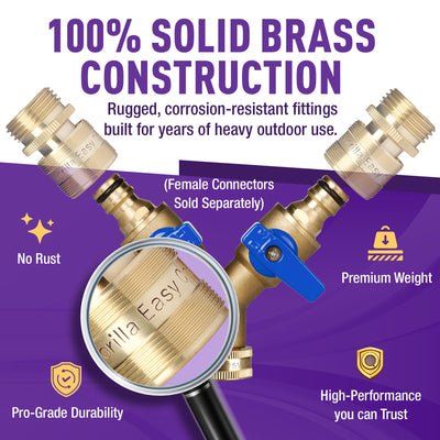GORILLA EASY CONNECT 2-WAY SPLITTER  MALE BALL VALVE SHUT OFF VALVE WITH MALE END  CONNECT FOR GARDEN HOSE 3/4" GHT GARDEN HOSE SPIGOTS THREAD LEAK PROOF GARDENING SOLID BRASS RV BOAT