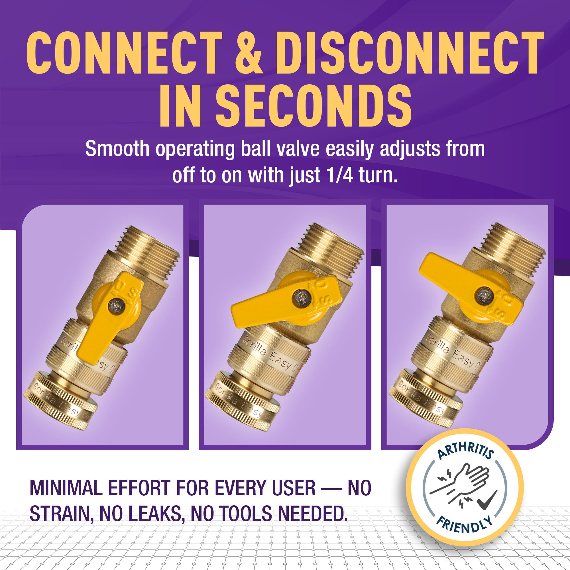 GORILLA EASY CONNECT BALL VALVE SHUT OFF VALVE WITH QUICK CONNECT FOR GARDENING HOSE 3/4" GHT GARDEN HOSE THREAD CORROSIVE RESISTANT LEAK PROOF