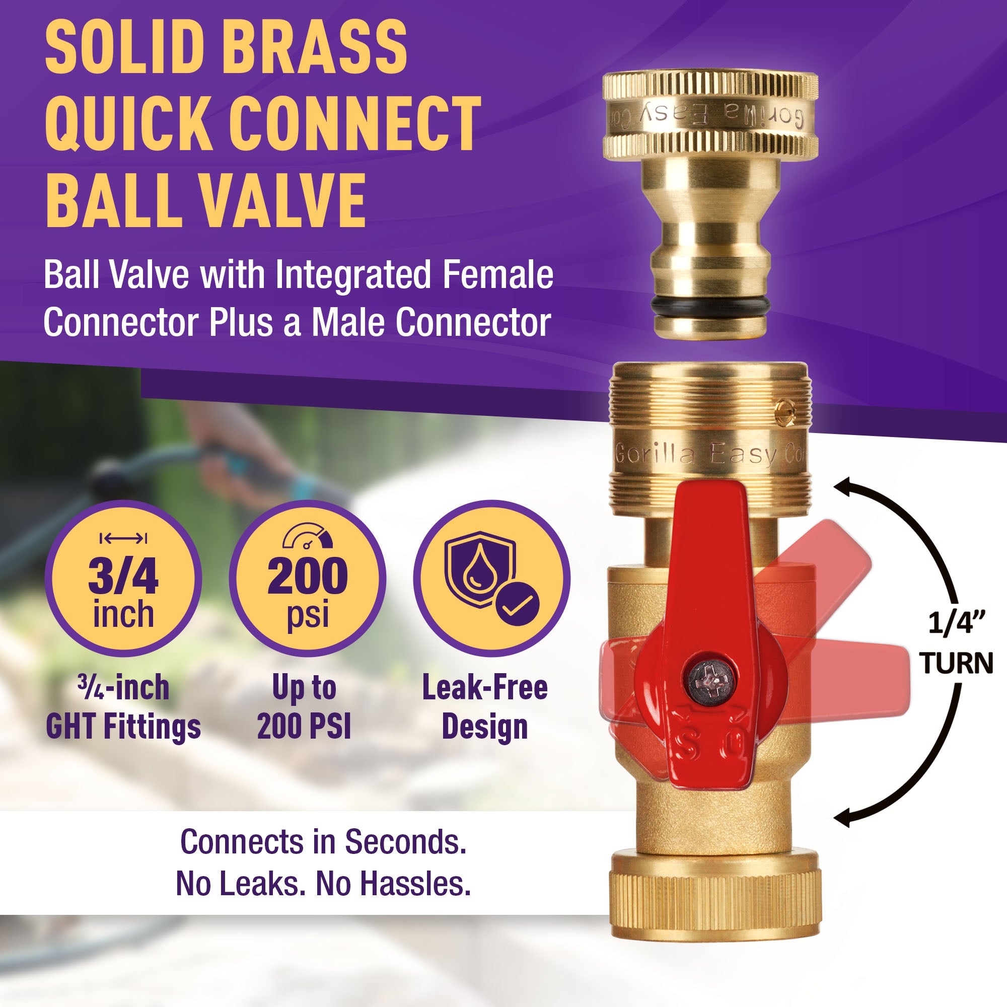 GORILLA EASY CONNECT FEMALE TO FEMALE SHUT OFF VALVE BALL VALVE FOR GARDEIING WINDOW WASHING ACCESSORY RV BOAT