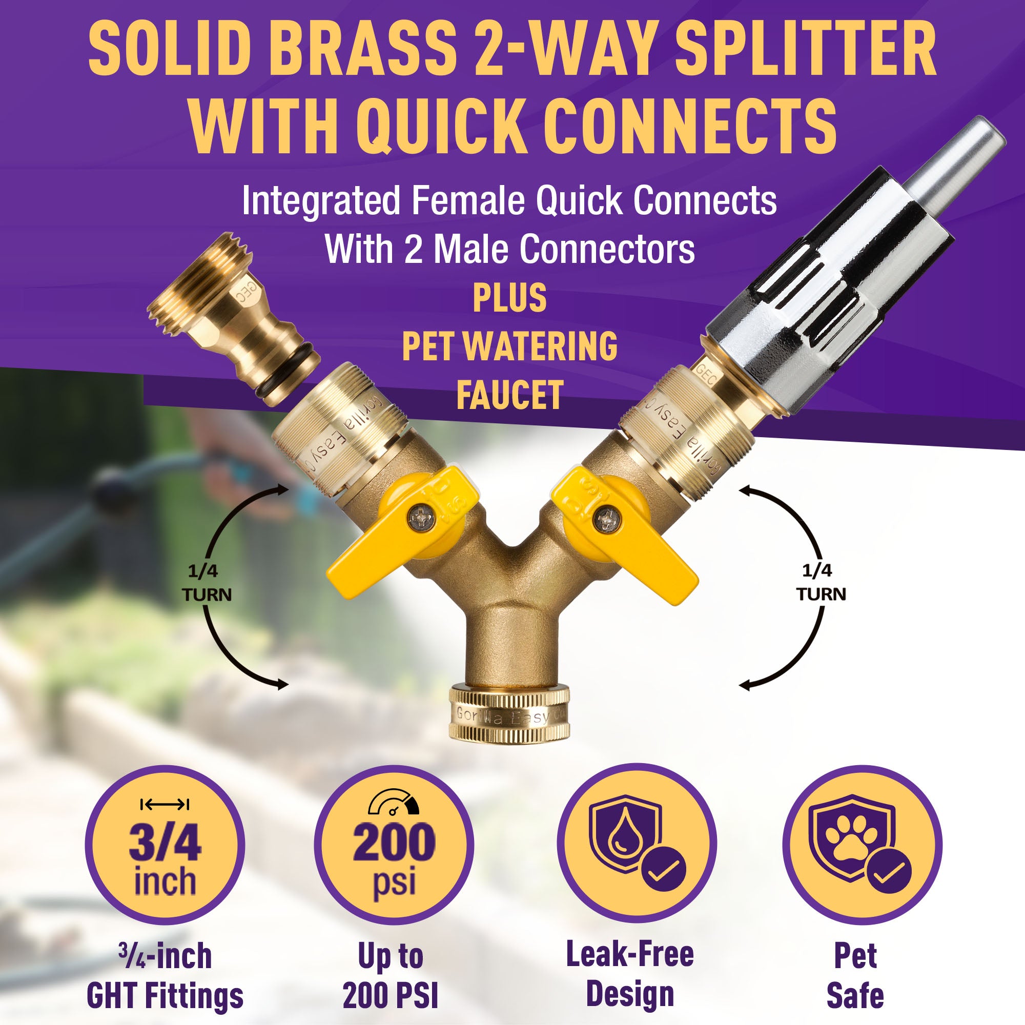 Gorilla Easy Connect 2-Way Brass Garden Hose Splitter Kit with Shut-Off Valves, QMM-2 Quick Connectors and Automatic Dog Watering Faucet for 3/4-Inch GHT Spigots.