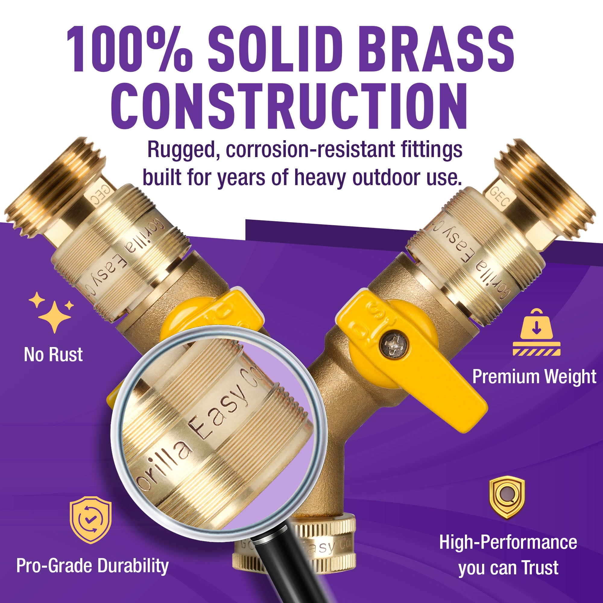 Gorilla Easy Connect 2-Way Brass Garden Hose Splitter Kit with Shut-Off Valves, QMM-2 Quick Connectors and Automatic Dog Watering Faucet for 3/4-Inch GHT Spigots.