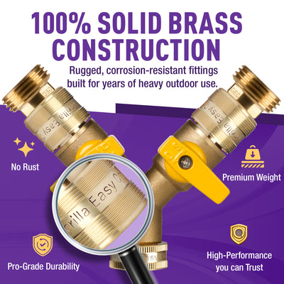 Gorilla Easy Connect 2-Way Brass Garden Hose Splitter Kit with Shut-Off Valves, QMM-2 Quick Connectors and Automatic Dog Watering Faucet for 3/4-Inch GHT Spigots.