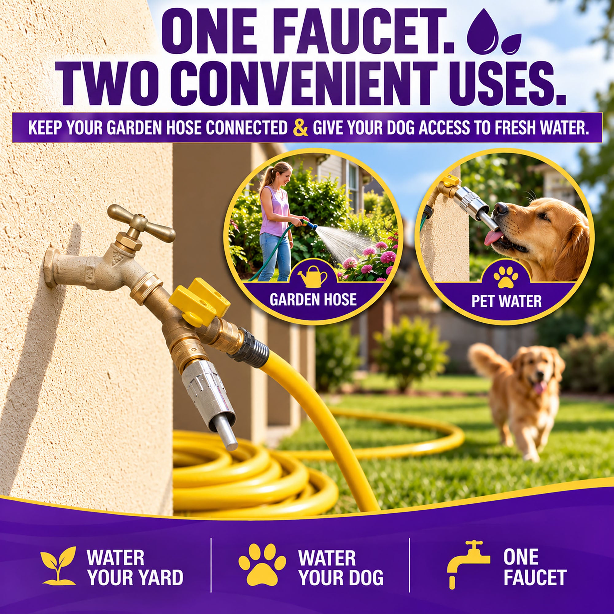 Gorilla Easy Connect 2-Way Brass Garden Hose Splitter Kit with Shut-Off Valves, QMM-2 Quick Connectors and Automatic Dog Watering Faucet for 3/4-Inch GHT Spigots.