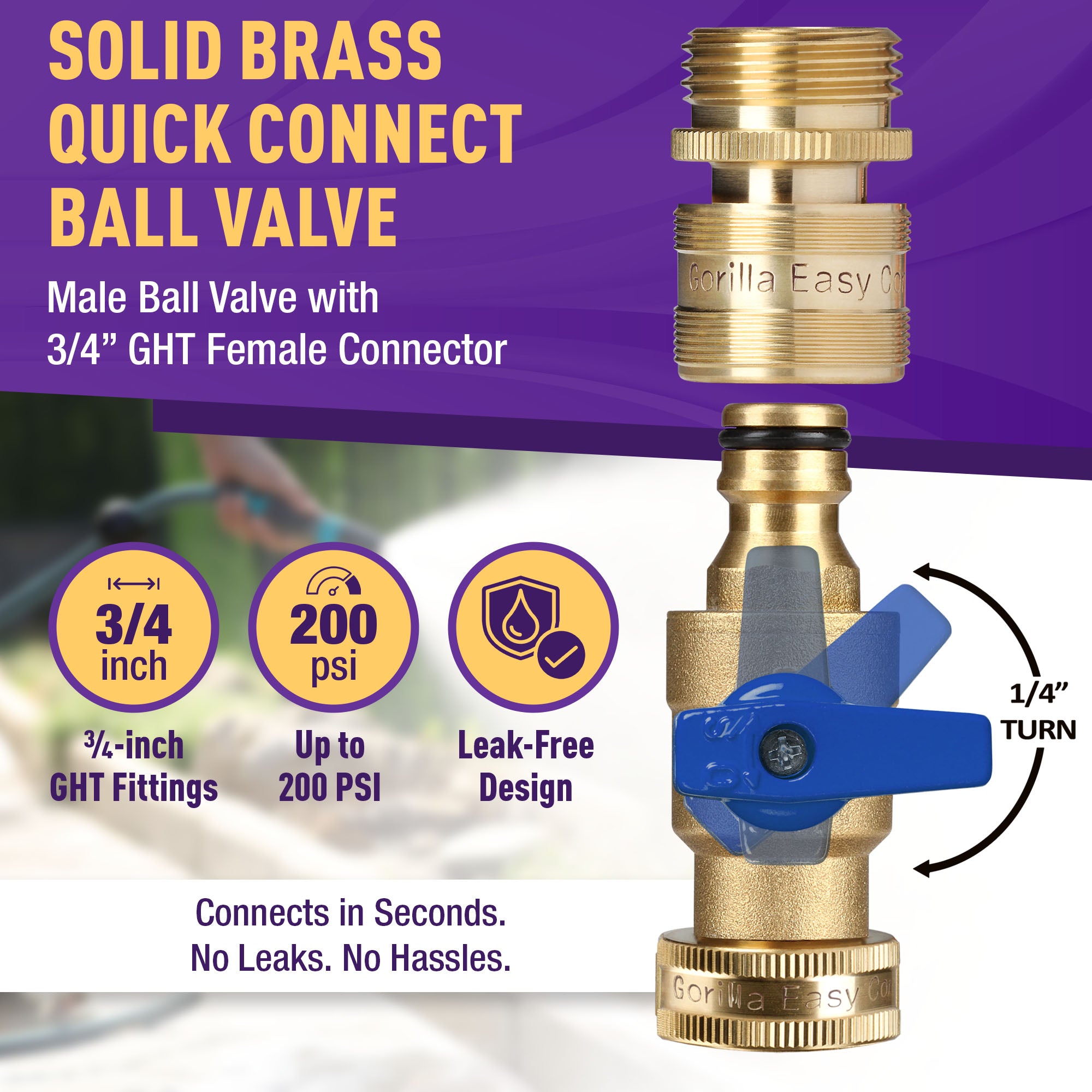GORILLA EASY CONNECT MALE BALL VALVE SHUT OFF VALVE WITH QUICK CONNECT FOR GARDEN HOSE 3/4" GHT GARDEN HOSE THREAD LEAK PROOF GARDENING SOLID BRASS RV BOAT