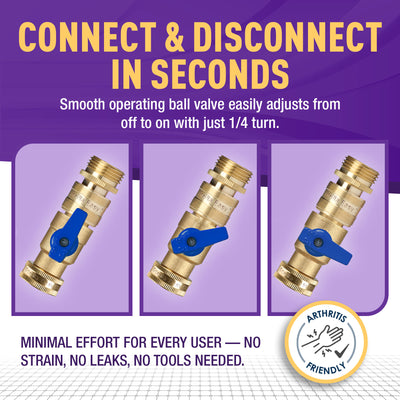 GORILLA EASY CONNECT MALE BALL VALVE SHUT OFF VALVE WITH QUICK CONNECT FOR GARDEN HOSE 3/4" GHT GARDEN HOSE THREAD LEAK PROOF GARDENING SOLID BRASS RV BOAT