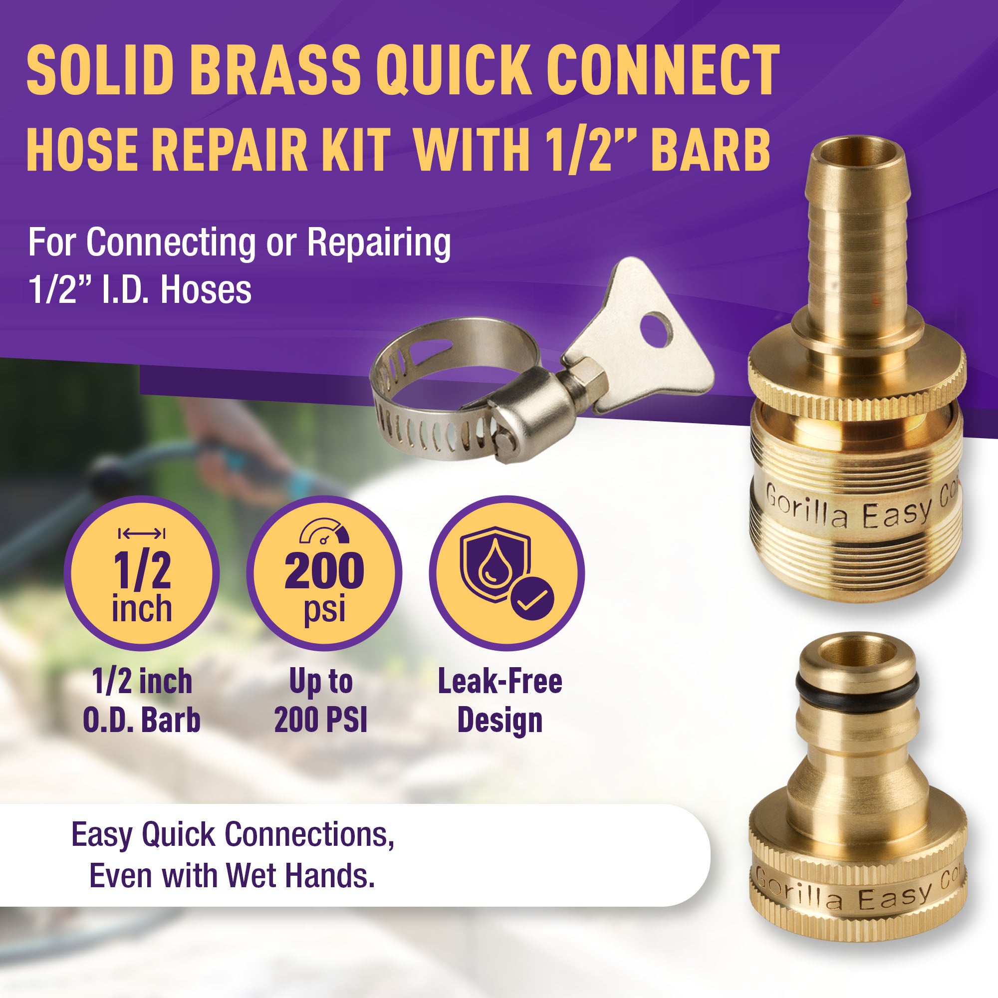 Gorilla Easy Connect 1/2 inch female barb connector with male quick connector, inline garden hose repair kit solid brass leak proof corrosion resistant gardening 3/4 GHT Garden Hose Thread