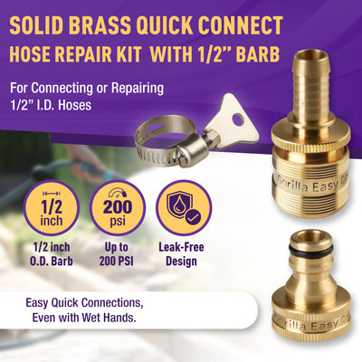 Gorilla Easy Connect 1/2 inch female barb connector with male quick connector, inline garden hose repair kit solid brass leak proof corrosion resistant gardening 3/4 GHT Garden Hose Thread