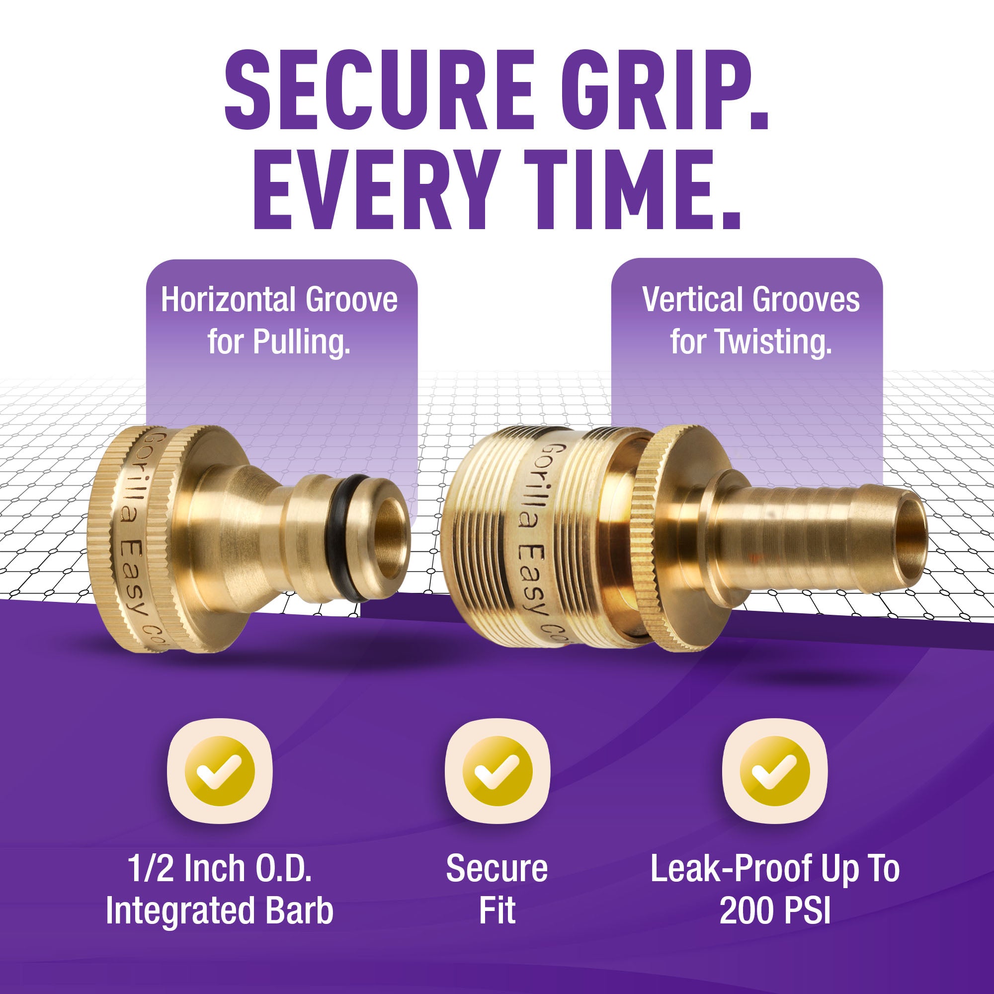 Gorilla Easy Connect 1/2 inch female barb connector with male quick connector, inline garden hose repair kit solid brass leak proof corrosion resistant gardening 3/4 GHT Garden Hose Thread