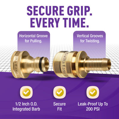 Gorilla Easy Connect 1/2 inch female barb connector with male quick connector, inline garden hose repair kit solid brass leak proof corrosion resistant gardening 3/4 GHT Garden Hose Thread