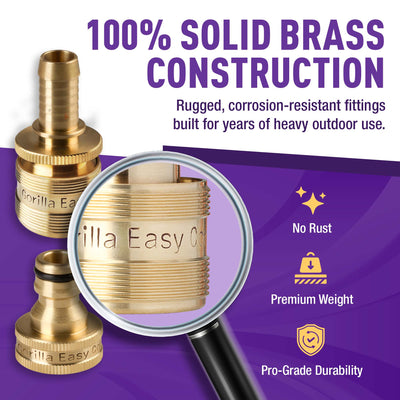 Gorilla Easy Connect 1/2 inch female barb connector with male quick connector, inline garden hose repair kit solid brass leak proof corrosion resistant gardening 3/4 GHT Garden Hose Thread