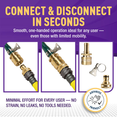 Gorilla Easy Connect 1/2 inch female barb connector with male quick connector, inline garden hose repair kit solid brass leak proof corrosion resistant gardening 3/4 GHT Garden Hose Thread