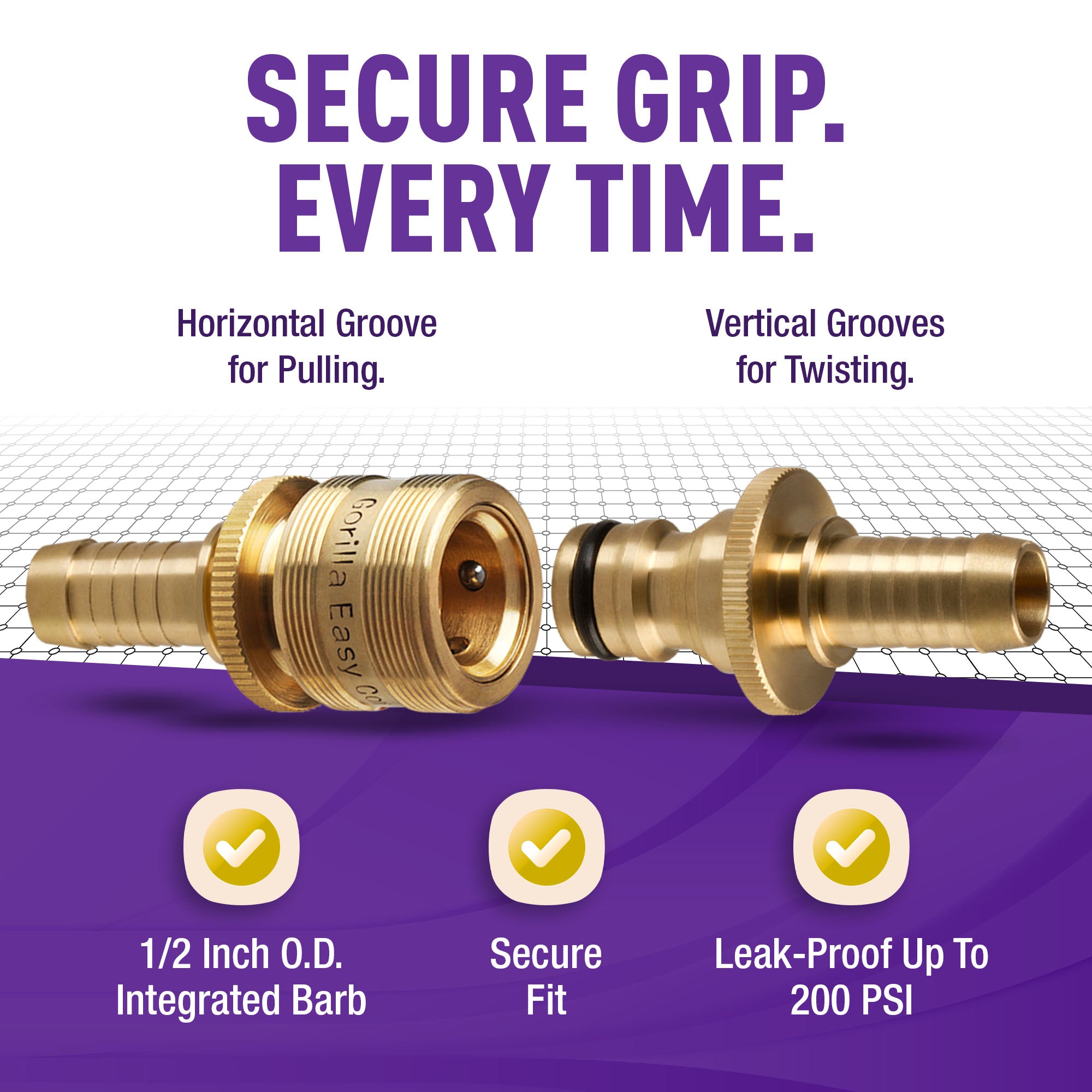 Gorilla Easy Connect Inline 1/2 inch male barb connector with female barbed quick connector, inline garden hose repair kit solid brass leak proof corrosion resistant gardening 3/4 GHT Garden Hose Thread Window Washing