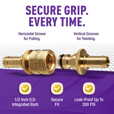 Gorilla Easy Connect Inline 1/2 inch male barb connector with female barbed quick connector, inline garden hose repair kit solid brass leak proof corrosion resistant gardening 3/4 GHT Garden Hose Thread Window Washing