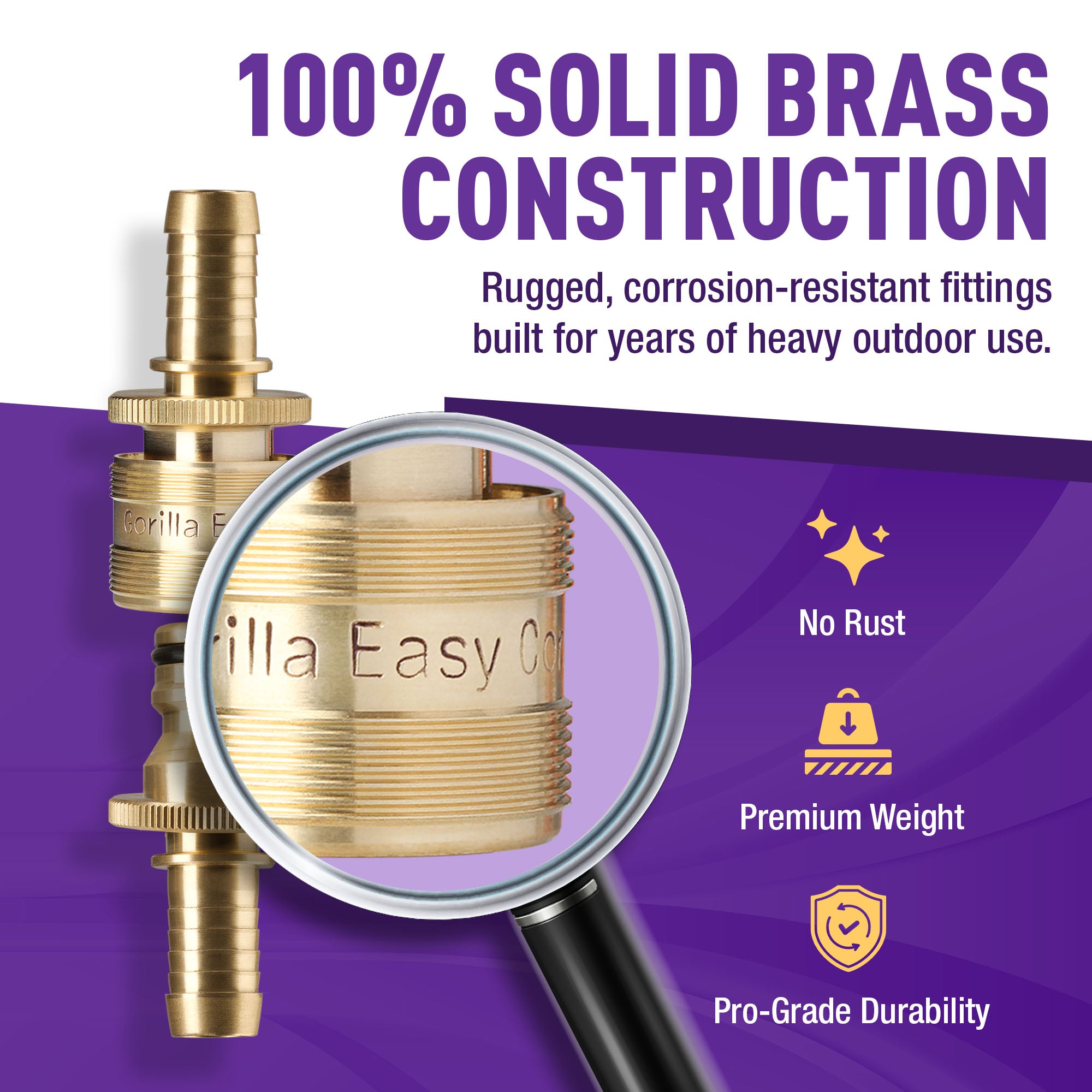 Gorilla Easy Connect Inline 1/2 inch male barb connector with female barbed quick connector, inline garden hose repair kit solid brass leak proof corrosion resistant gardening 3/4 GHT Garden Hose Thread Window Washing